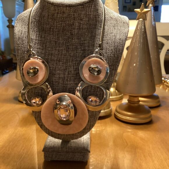 Statement Silvertone and Pink Large Necklace - Picture 1 of 7